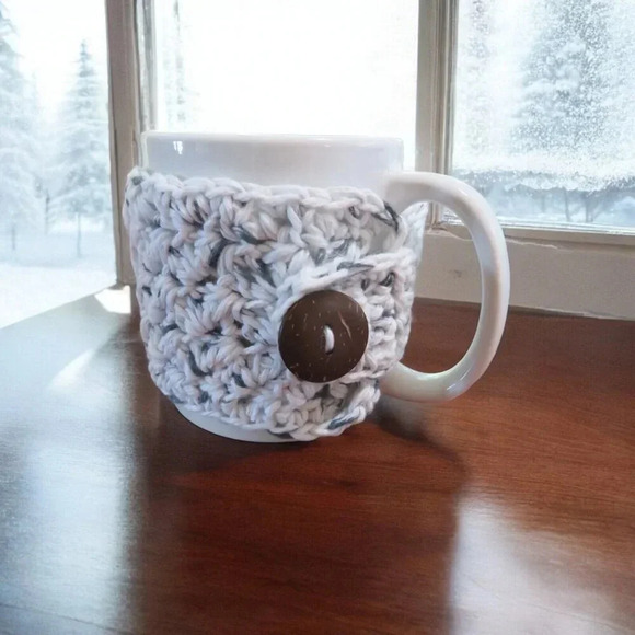 Crochet Cup Cozy White and Black Coffee Mug or Tea Warmer - Picture 3 of 6